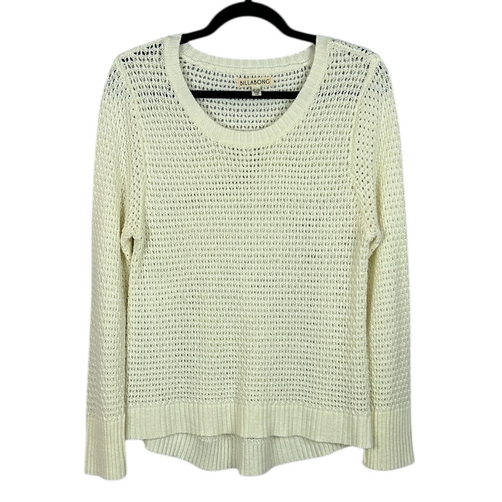 Billabong Boho Long Sleeve Round Neck Crochet Open Knit Sweater Large Cream
